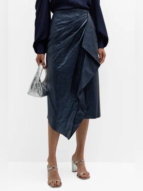Ramy Brook Quinn Ruffle Faux Leather Navy Draped Textured Midi Skirt